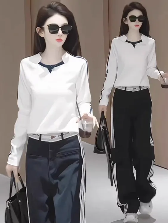 时尚套装女2025春季新款洋气显瘦T恤高腰工装阔腿裤休闲两件套潮