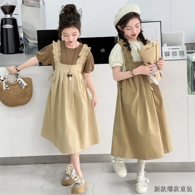 2025新款女童夏装短袖配花边小裙子韩式流行可爱风棉质连衣裙套装