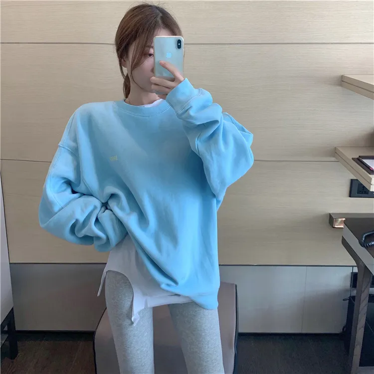 蓝色卫衣女春秋薄款2025年新款爆款秋冬季加绒加厚宽松中长款上衣