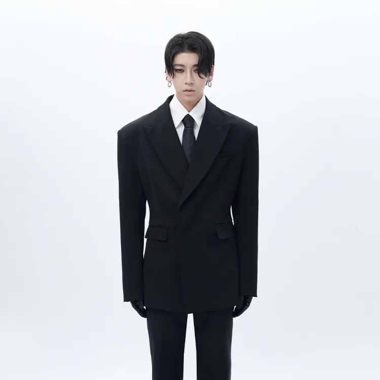 HARH“哥谭夜话2.0”原创灰内收腰双排扣戗驳领廓形休闲西装外套