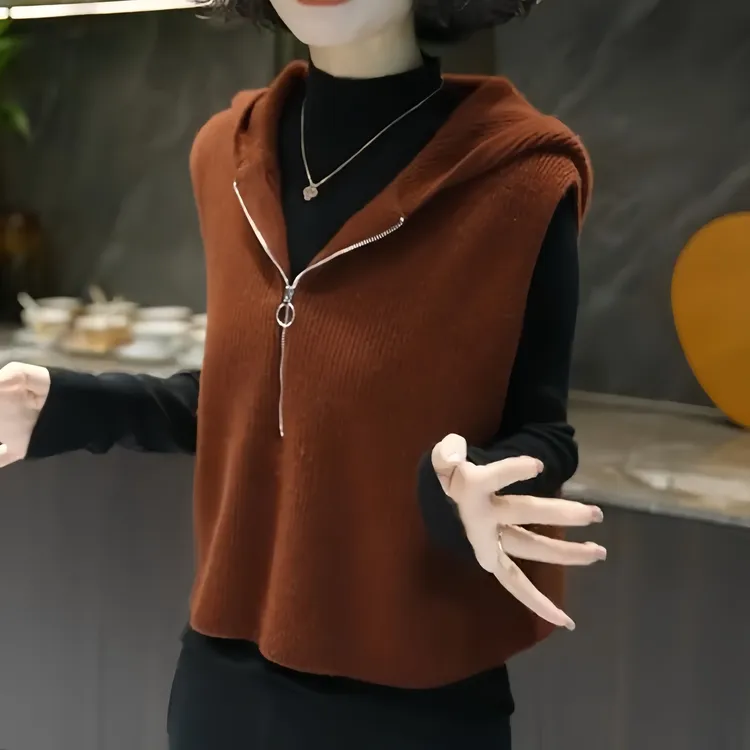 欧货毛衣纯色针织打底衫马甲2025秋冬季连帽设计感洋气上衣服女装