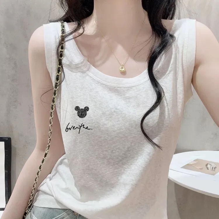 清凉透气雪花棉背心无袖女夏印花宽松遮肉U领内搭广州十三行女T恤