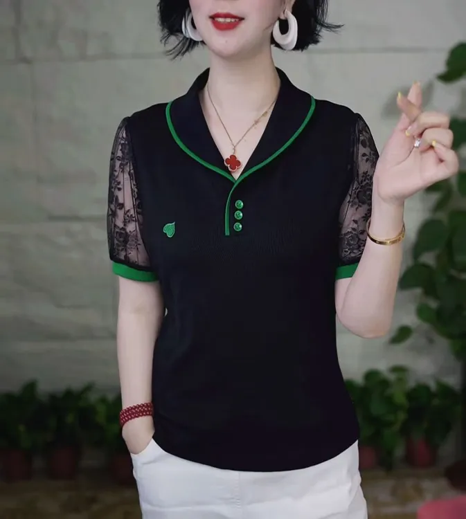夏季新款时尚洋气翻驳领蕾丝袖短袖t恤宽松显瘦减龄气质女装上衣
