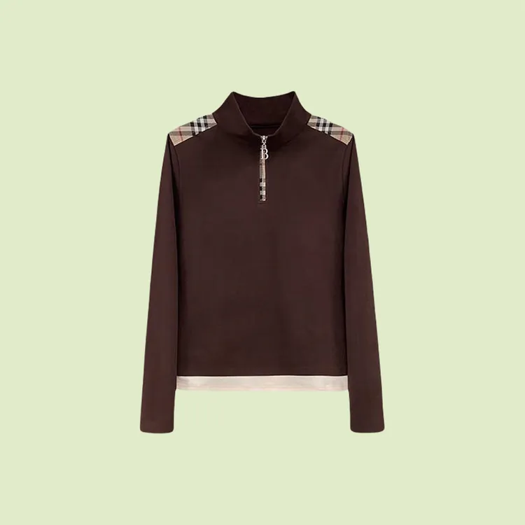 2025秋季德绒半拉链立领拼接格子打底衫女休闲气质时尚显瘦上衣女