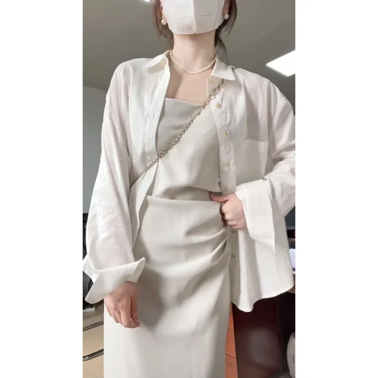 INS CEC高级感钓系纯欲风褶皱吊带连衣裙外搭防晒衬衫外套套装