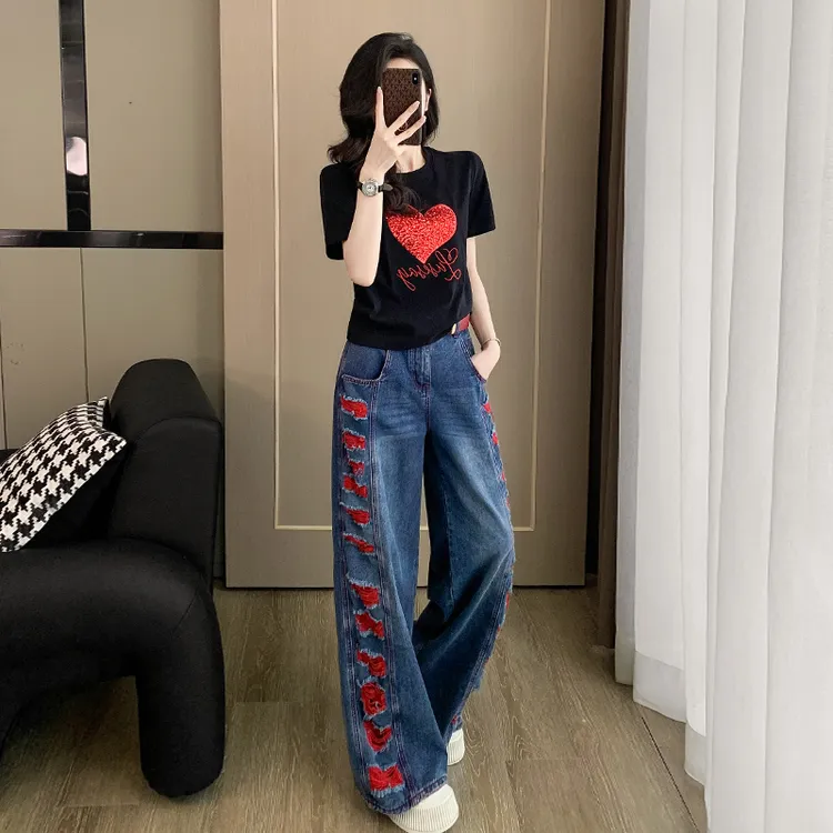 夏装新款黑色短款短袖T恤复古破洞阔腿牛仔裤休闲时尚两件套装女