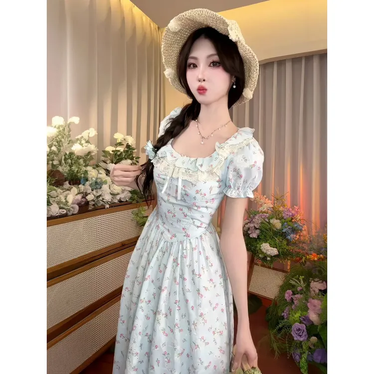 法式茶歇小个子方领碎花连衣裙女2025夏季新款优雅气质时尚长裙子