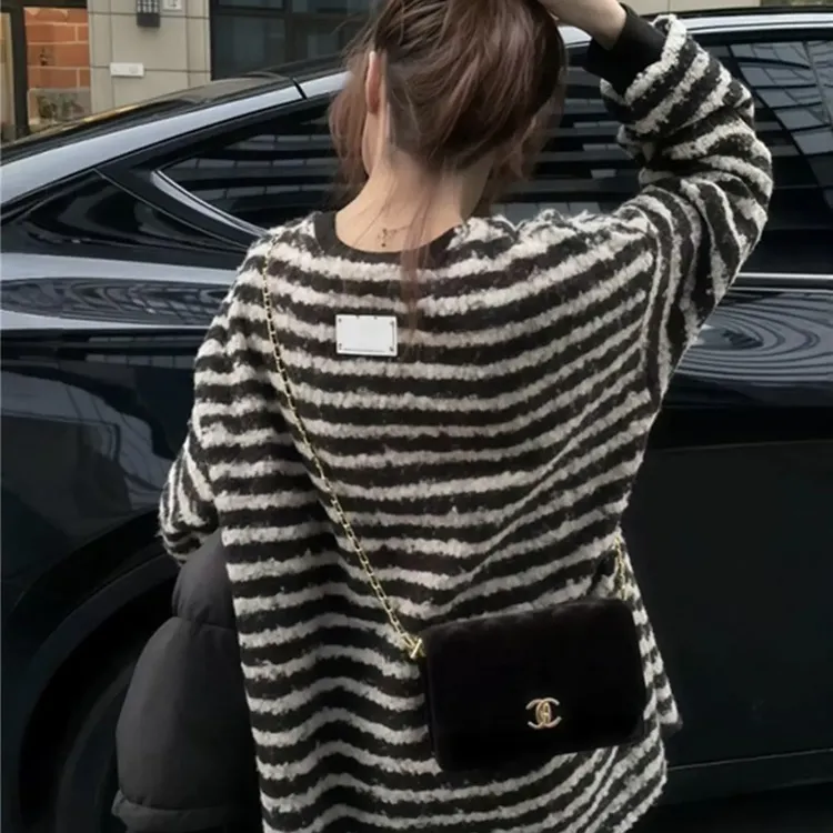 条纹圈圈毛保暖卫衣女秋冬宽松慵懒风加厚长袖复古上衣