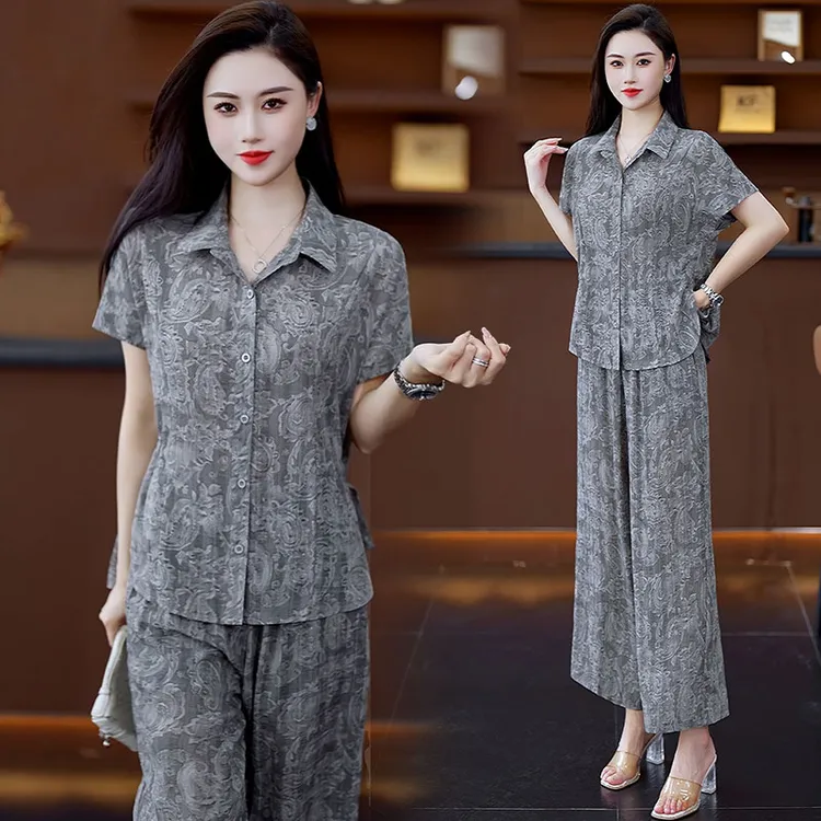 夏季时尚休闲套装女2025新款气质休闲印花翻领短袖阔腿裤两件套潮