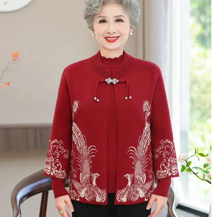 奶奶秋装针织毛衣两件套秋冬外套中老年女妈妈红色本命年婚礼上衣