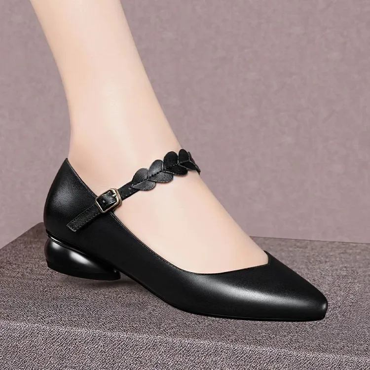 浅口单鞋女2025年爆款新款春秋季粗跟中跟女鞋妈妈防滑软皮小皮鞋