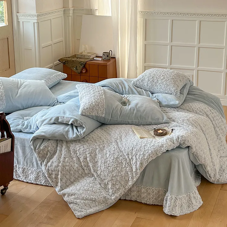 轻奢立体玫瑰獭兔绒四件套秋冬加厚牛奶绒被套床单公主风床上用品