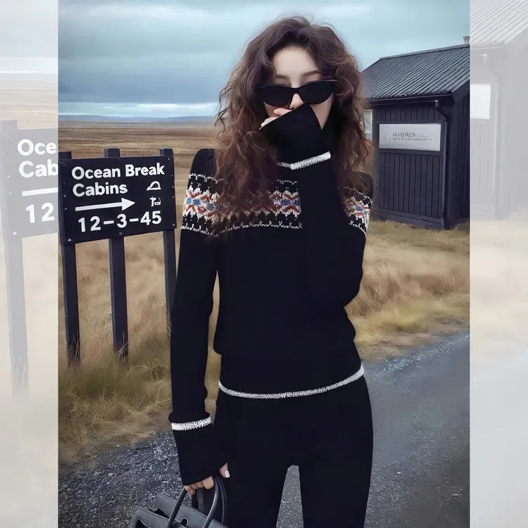 2025冬季独特别致绝美设计感小众不撞款费尔岛提花黑色提花毛衣女