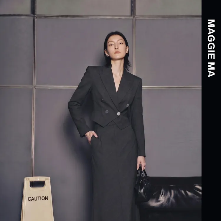 MAGGIE MA马婧设计师款深灰双排扣西装裙318C/319B