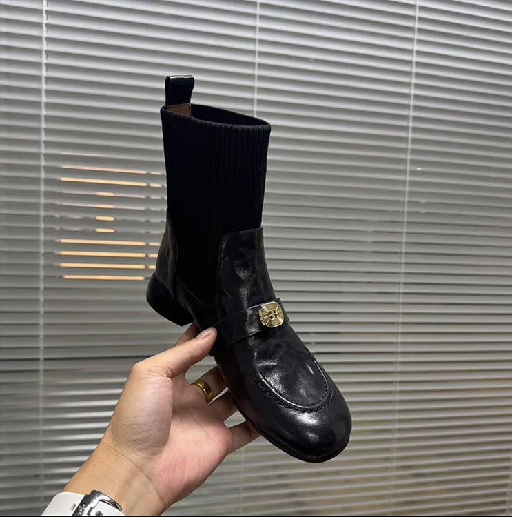 3cm/羊皮/真皮粗跟短靴女秋冬新款针织瘦瘦靴圆头中跟百搭皮靴子
