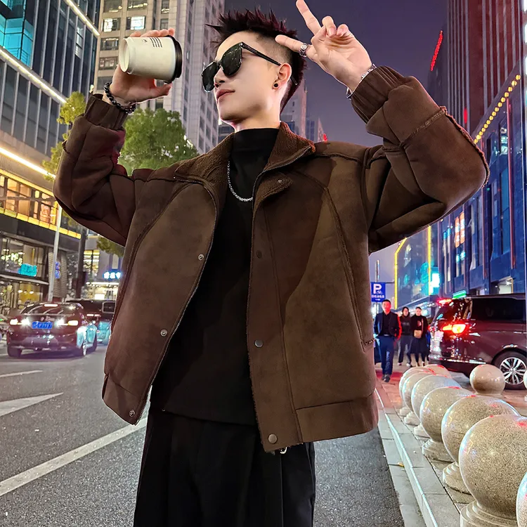 痞帅仿麂皮绒棉衣外套男冬季潮流保暖立领袄子高级感扎染解构棉服