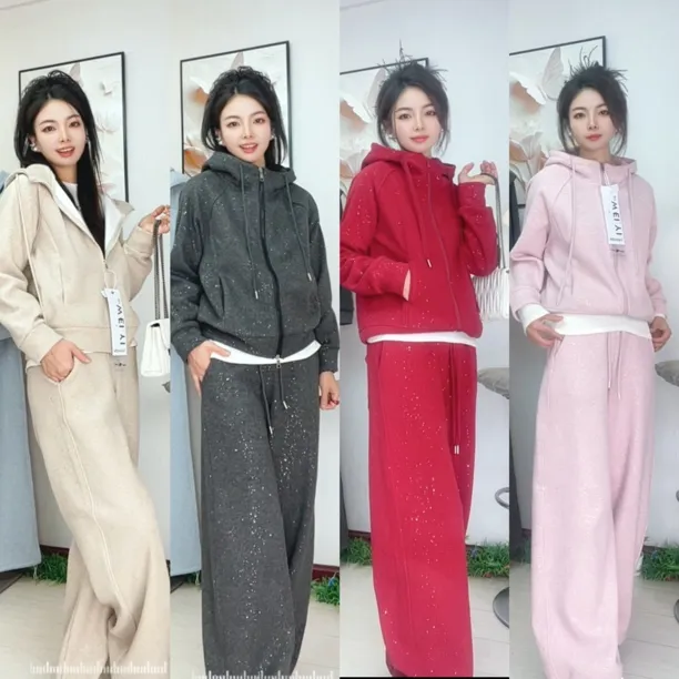在仓有货】（门店限定亮晶晶）冬季新款加绒加厚亮片连帽套装女