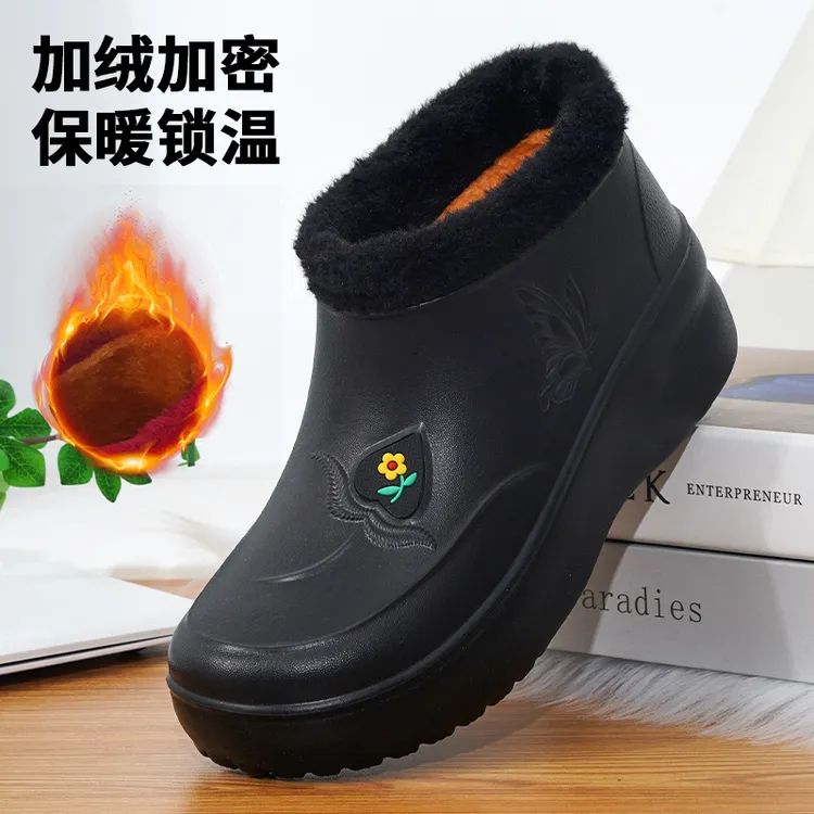 厚底雨鞋纯色冬季平底短筒锁温厚款妈妈鞋防水泡沫棉鞋男女轻便