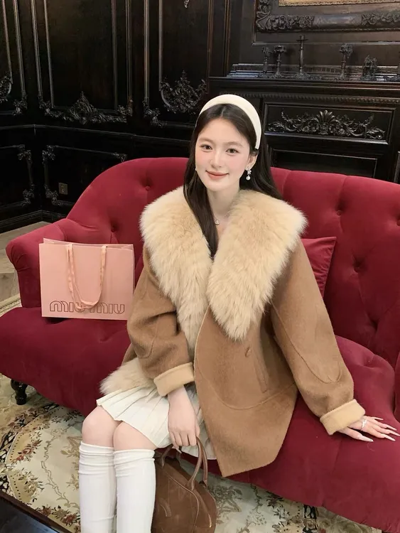 2025秋冬新款可拆卸狐狸毛双面羊毛大衣宽松版小个子毛呢外套