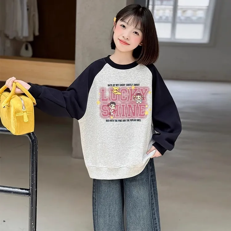 女童卫衣2025新款中大童洋气拼色上衣儿童春秋装时髦印花套头卫衣