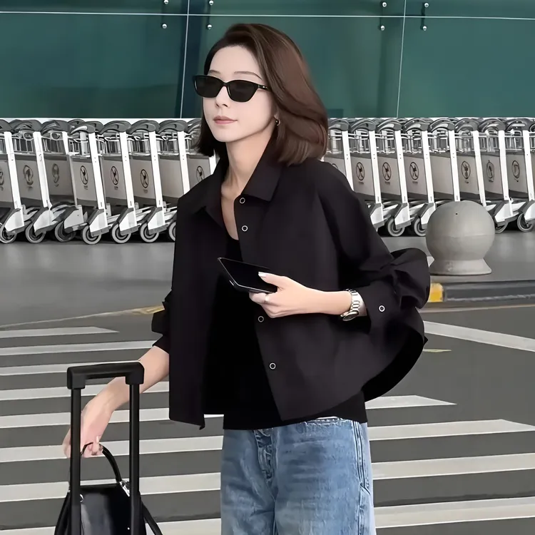 高级感黑色短款外套衬衫女2025春夏新款宽松超好看独特通勤上衣女