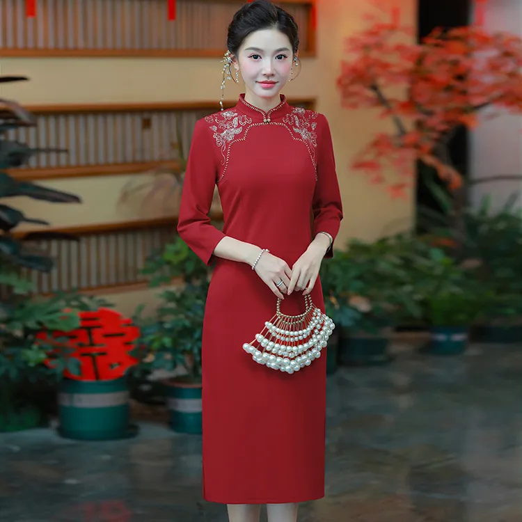 气质喜婆婆喜妈妈婚宴装礼服国庆结婚婚礼春秋季红色旗袍中式喜服
