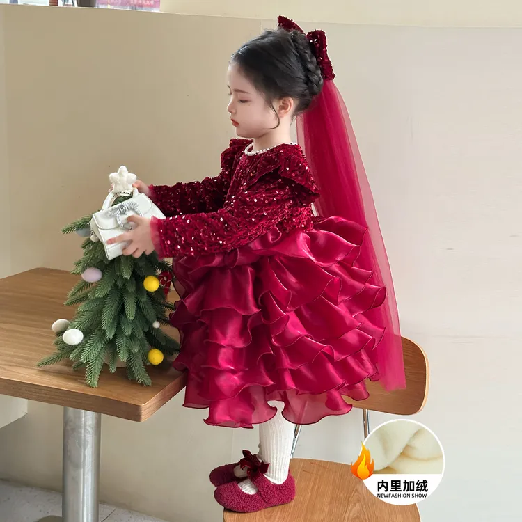 女童小香风蛋糕裙秋冬新款洋气时髦头纱连衣裙儿童生日加绒公主裙