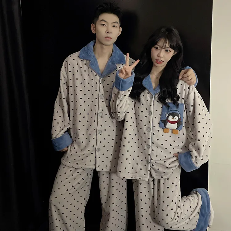 情侣睡衣女秋秋冬珊瑚绒加绒加厚男士冬天青少年小企鹅家居服套装