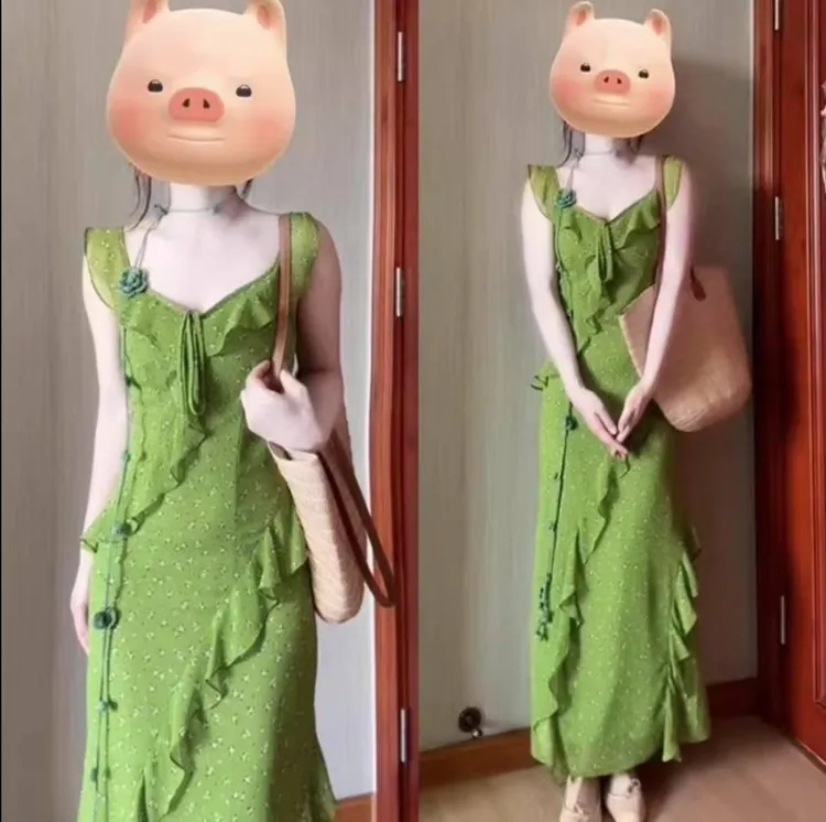 复古独特超好看法式茶歇连衣裙女夏季木耳边设计收腰显瘦包臀裙子