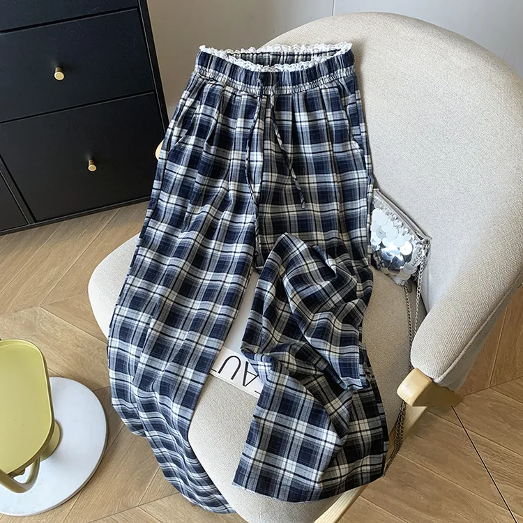 春夏格子阔腿裤女秋冬磨毛休闲直筒长裤高腰显瘦蕾丝边高腰遛弯裤