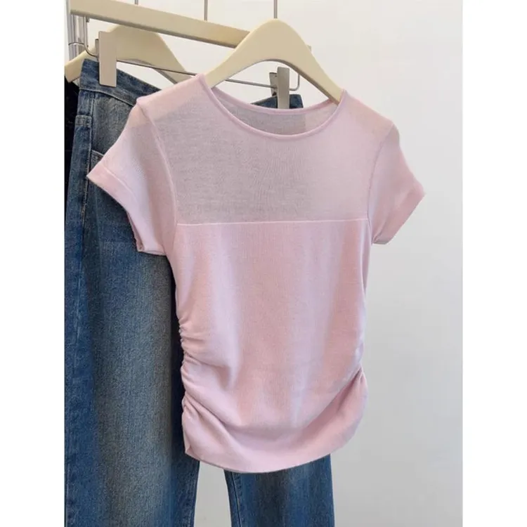 甜辣冰丝微透设计感超好看褶皱收腰t恤短袖女纯欲风针织小衫上衣