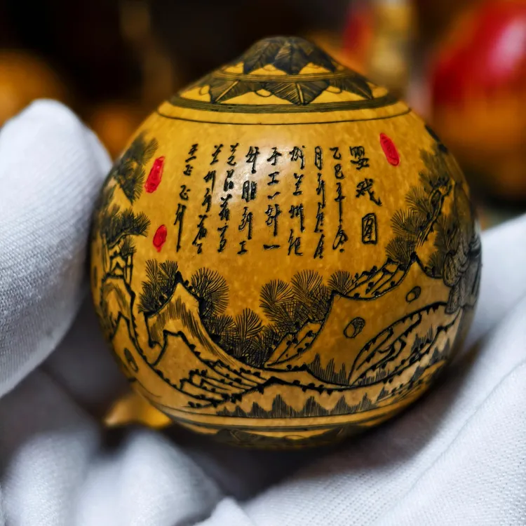 葫芦手工针刺微雕墨刻鸡蛋葫芦碟猫图手捻把件文玩把玩民间收藏品