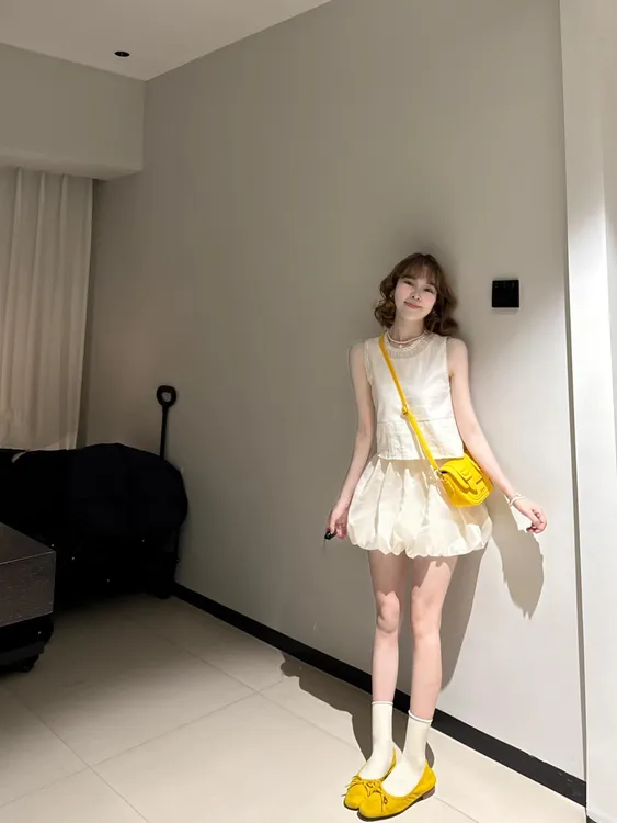 韩里韩气穿搭套装温柔气质无袖挂脖上衣蓬蓬花苞短裙减龄两件套裙