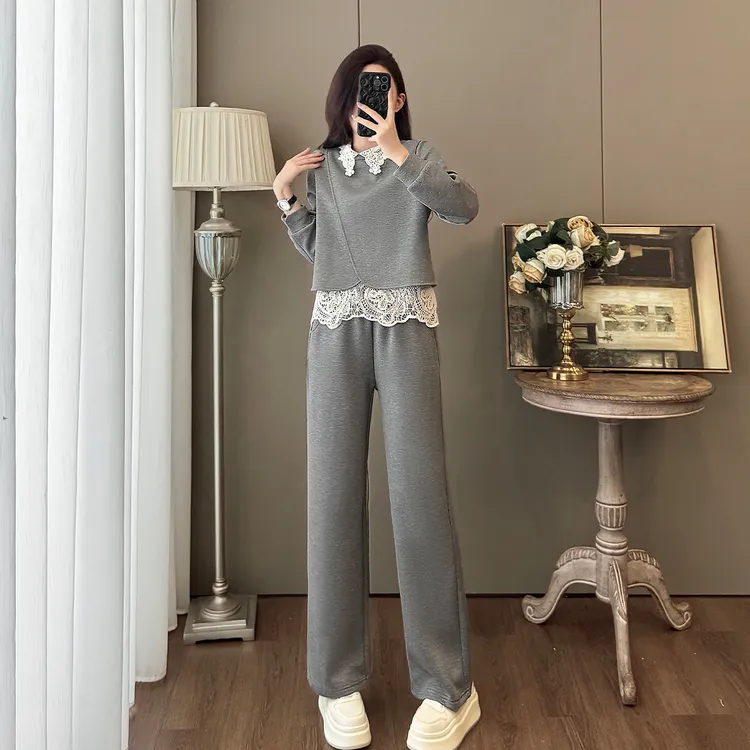 时尚休闲显瘦套装女春秋新款气质蕾丝拼接翻领卫衣阔腿裤两件套
