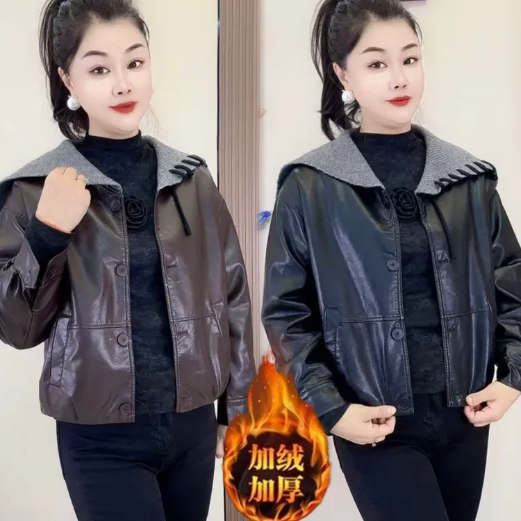 海军针织领皮衣外套秋冬2025新款女装加绒加厚宽松皮夹克休闲上衣