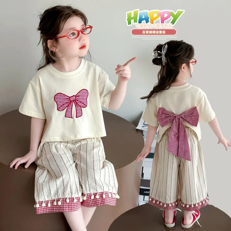 夏季新款女童卡通蝴蝶结洋气时尚薄款套装儿童夏款运动韩版小童