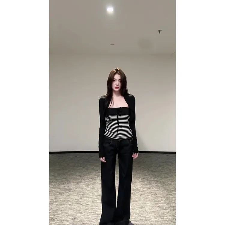 修身短款针织开衫外套女秋季新款超好看辣妹背心上衣+裤子三件套