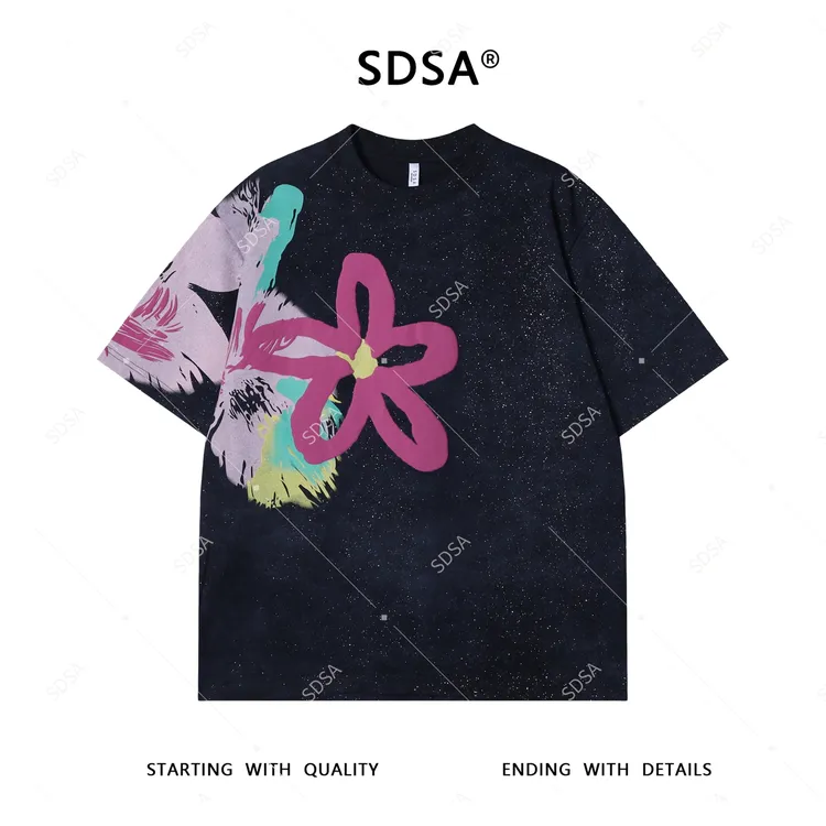 夏季高级感新款男士美式满天星花朵印花短袖T恤设计师重磅上衣