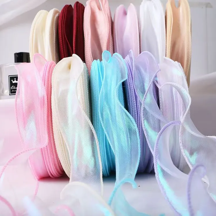 大卷40码鱼尾纱防水波浪无轴缎带拷边纱带七夕节必备鲜花包装材料