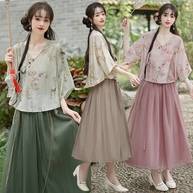 2025夏季新中式复古汉元素印花改良唐装汉服上衣半身裙禅茶服套装