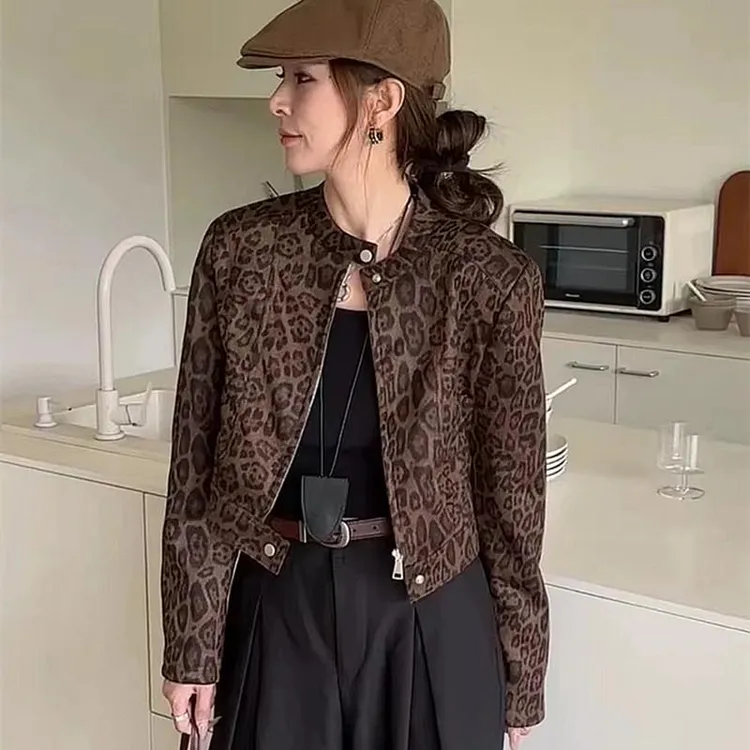 复古高级感豹纹立领拉链短外套女2025秋季新款时尚小个子夹克上衣