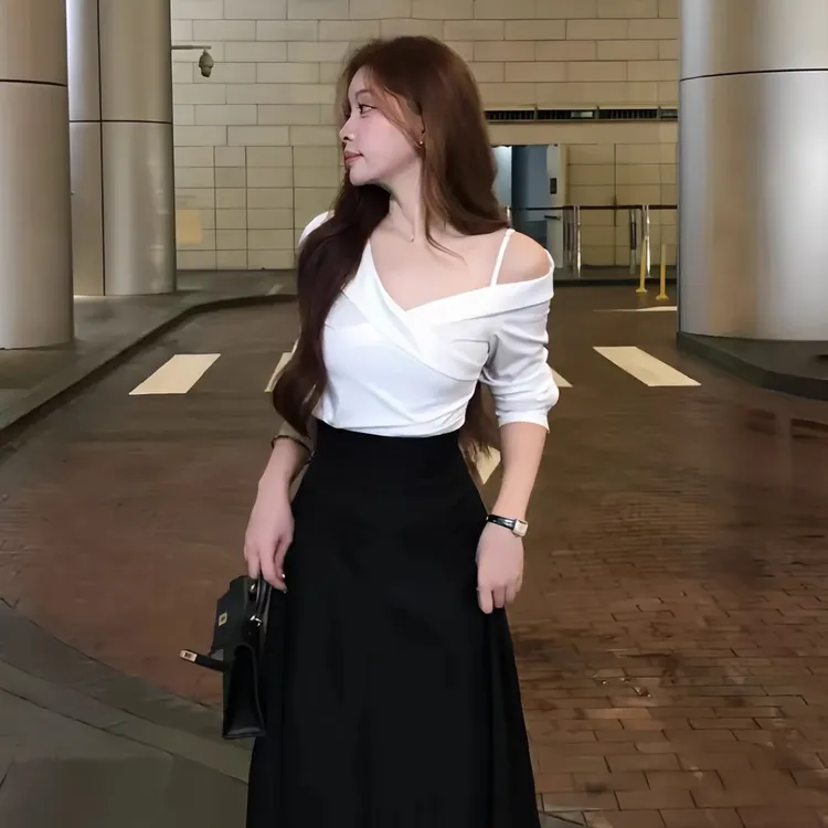 2025新款赵露思许妍同款穿搭套装高级感斜肩长袖白衬衫+半身裙女