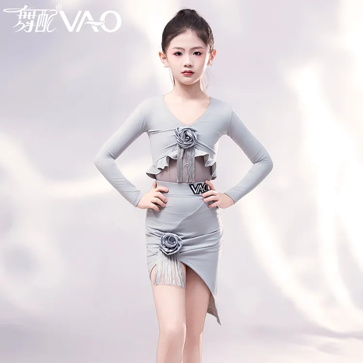 VL51443-VAO舞配舞服2025新款拉丁舞服练功服女童灰色花朵流苏裙