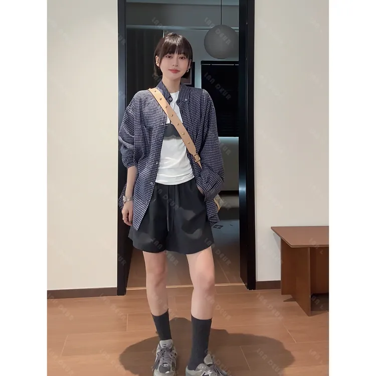 JIUJIU【出游首选】纯色高腰休闲短裤抽绳简约翻边宽松舒适