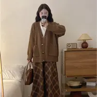 C-3159大码秋季新款淑女毛衣针织开衫+半身裙两件套