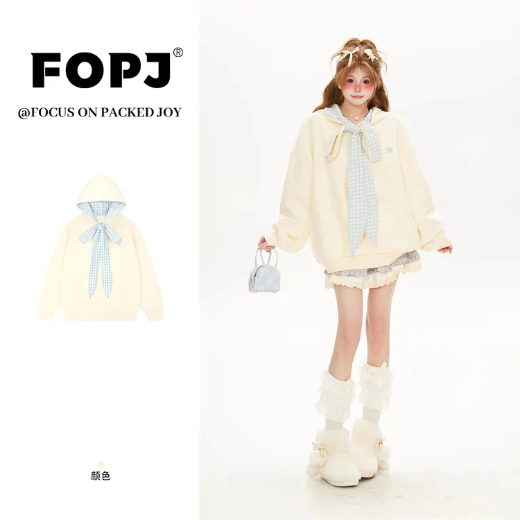 FOPJ刺绣款甜美绑带格子连帽卫衣女秋冬季新款围巾领设计百搭外套