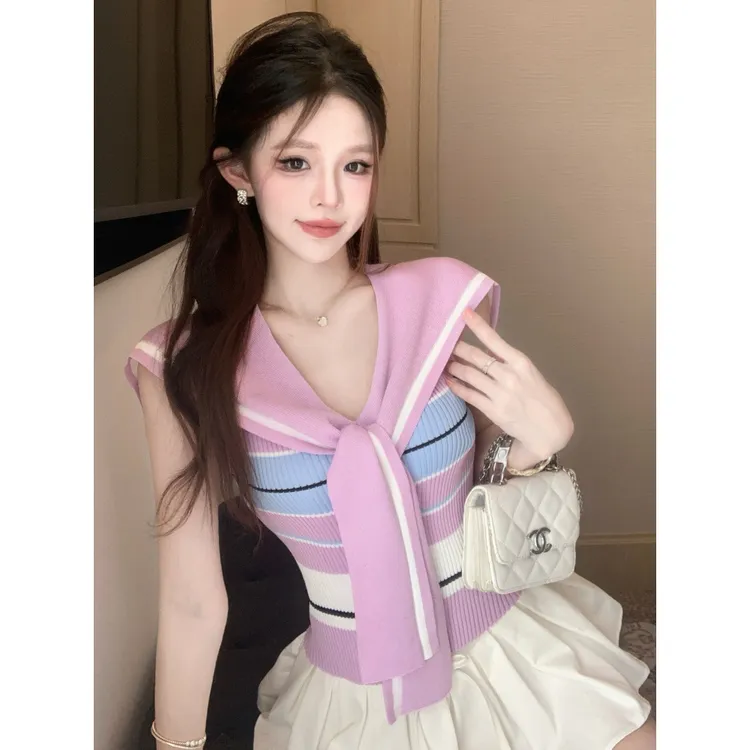 甜妹风针织上衣女！粉蓝条纹+领带设计温柔减龄少女感穿搭上衣时尚