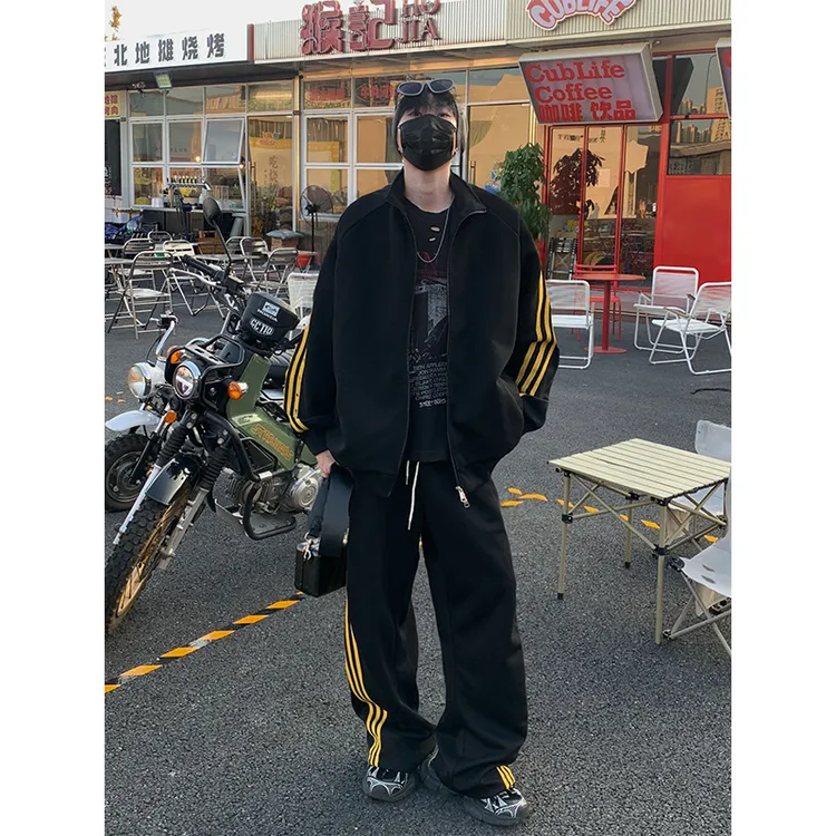 白花灰三条杠运动卫裤男秋季宽松垂感条纹裤子cleanfit休闲直筒裤