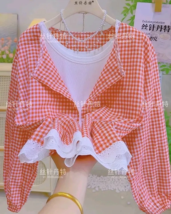 916夏季韩系甜妹慵懒风红色格子衬衫圆领拼接上衣