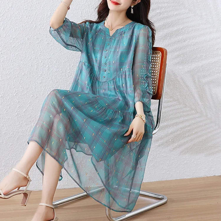 时尚宽松格子连衣裙女2025年春季新款七分袖洋气减龄中长裙